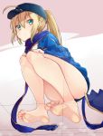  1girl ahoge ass barefoot baseball_cap batatata77 blonde_hair blue_eyes blue_scarf fate/grand_order fate_(series) feet from_below hat heroine_x highres long_hair looking_at_viewer looking_down ponytail rojiura_satsuki_:_chapter_heroine_sanctuary saber scarf soles solo squatting toes x-ray 