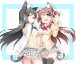  2girls :&lt; ;d animal_ears bangs black_hair black_legwear blue_bow blue_bowtie blue_eyes blush border bow bowtie breasts brown_hair buttons cardigan cat_ears cat_tail closed_mouth collared_shirt cowboy_shot dress_shirt eyebrows eyebrows_visible_through_hair fang floating_hair hair_ornament hair_scrunchie hand_up inumine_aya long_hair long_sleeves looking_at_viewer looking_back looking_up medium_breasts miniskirt multiple_girls one_eye_closed open_mouth original outside_border panties pantyshot paw_pose plaid plaid_bowtie plaid_skirt pleated_skirt polka_dot polka_dot_background pout red_bow red_bowtie red_eyes school_uniform scrunchie shirt skirt smile tail two_side_up underwear upskirt v white_shirt 
