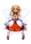  1girl absurdres ascot baba_(baba_seimaijo) blue_eyes brown_hair eyebrows eyebrows_visible_through_hair fairy fairy_wings fang full_body hair_ornament highres obi open_mouth orange_hair puffy_short_sleeves puffy_sleeves red_skirt sash short_hair short_sleeves simple_background skirt solo sunny_milk touhou white_background wings 