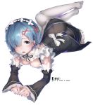  1girl blue_eyes blue_hair breasts character_name cleavage english hair_ornament hair_over_one_eye hair_ribbon looking_at_viewer lying maid maid_headdress medium_breasts no_shoes on_stomach openvl pantyhose re:zero_kara_hajimeru_isekai_seikatsu red_ribbon rem_(re:zero) ribbon short_hair simple_background solo venus_symbol white_background white_legwear x_hair_ornament 