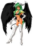  1girl bikini boots demon_girl demon_horns demon_tail demon_wings elbow_gloves full_body gloves green_hair hair_over_shoulder hand_on_hip high_heel_boots high_heels horns long_hair looking_at_viewer lowres navel original pauldrons simple_background smile solo swimsuit tail thigh-highs thigh_boots white_background white_boots white_gloves white_legwear wings yasunaga_oyama yellow_eyes 