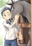  1boy animal atsushi_toushirou blue_hair bucket cowboy_shot eyebrows grin horse looking_at_another male_focus one_eye_closed petting sakuma_sanosuke short_hair smile stable thick_eyebrows touken_ranbu tree upper_body water 