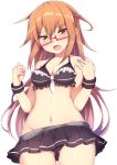  1girl adapted_costume bare_shoulders bikini bikini_skirt bikini_top blush breasts brown_eyes brown_hair cleavage fang frills glasses groin haruyuki_(yukichasoba) kantai_collection long_hair looking_at_viewer medium_breasts mochizuki_(kantai_collection) navel necktie open_mouth red-framed_eyewear semi-rimless_glasses simple_background solo swimsuit white_background white_necktie wrist_cuffs 