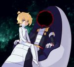  2boys alpha_omega_nova armband artist_name black_hole_(space) blackholian blonde_hair blue_eyes chair faceless fur_trim gloves jacket looking_at_viewer mt.somo multiple_boys pants sitting sitting_on_lap sitting_on_person spoilers uchuu_patrol_luluco white_gloves white_jacket white_pants 