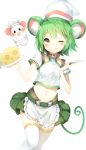  1girl animal animal_ears apron belt_buckle blush breasts buckle cheese chef_hat collarbone cowboy_shot crop_top food green_hair hat highres holding holding_knife kitchen_knife knife last_period midriff mouse mouse_ears mouse_tail navel niito one_eye_closed ratte_(last_period) short_hair short_sleeves simple_background skirt small_breasts smile solo tail thigh-highs tongue tongue_out tray white_background white_legwear yellow_eyes zettai_ryouiki 