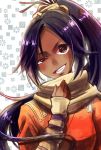  1girl armband bleach brown_eyes dark_skin hair_ornament half-closed_eye high_ponytail long_hair orange_clothes patterned_background purple_hair scarf shihouin_yoruichi shoulder_pads smile tied_hair upper_body 