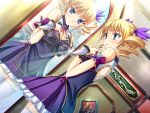  2girls bare_shoulders blonde_hair blue_eyes blush bow breasts character_request cleavage different_reflection hair_ornament koihime_musou mirror multiple_girls open_mouth ribbon short_hair sousou thigh-highs twintails 