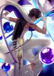  1boy arjuna_(fate/grand_order) armlet black_hair blue_background cape dark_skin dark_skinned_male elbow_gloves fate/grand_order fate_(series) gloves leg_up looking_at_viewer male_focus orb pants sleeveless solo sunday31 white_gloves white_pants 