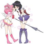  2girls bishoujo_senshi_sailor_moon black_hair blush cheek_kiss chibi_usa female kiss magical_girl multiple_girls pink_hair sailor_chibi_moon sailor_saturn short_hair tagme tomoe_hotaru violet_eyes white_background yuri 