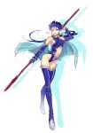  1girl ;d armpits bare_shoulders blue_boots blue_hair blue_legwear boots bracelet breasts bridal_gauntlets cape cleavage_cutout colored_eyelashes earrings erect_nipples fate/stay_night fate_(series) floating_hair full_body gae_bolg genderswap genderswap_(mtf) groin hair_ribbon halterneck hand_up heart highleg highleg_leotard highres holding holding_weapon jewelry lancer leotard long_legs looking_at_viewer low_twintails medium_breasts midriff navel navel_cutout one_eye_closed open_mouth over_shoulder polearm ponytail ribbon shadow sideboob simple_background sketch skinny smile solo spear spiky_hair spoken_heart standing sunday31 thigh-highs thigh_boots thigh_gap twintails weapon weapon_over_shoulder white_background 