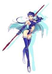  1girl ;d armpits bare_shoulders blue_boots blue_hair blue_legwear boots bracelet breasts bridal_gauntlets cape cleavage_cutout colored_eyelashes earrings erect_nipples fate/stay_night fate_(series) floating_hair full_body gae_bolg genderswap genderswap_(mtf) groin hair_ribbon halterneck hand_up heart highleg highleg_leotard highres holding holding_weapon jewelry lancer leotard long_legs looking_at_viewer low_twintails medium_breasts midriff navel navel_cutout one_eye_closed open_mouth over_shoulder polearm ponytail ribbon shadow sideboob simple_background sketch skinny smile solo spear spiky_hair spoken_heart standing sunday31 thigh-highs thigh_boots thigh_gap twintails weapon weapon_over_shoulder white_background 