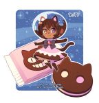  1girl animal_ears boots bow brown_boots brown_hair cake cat chibi cookie_cat_(steven_universe) dav-19 floating food gem helmet signature star_(sky) steven_universe violet_eyes watermark web_address yellow_eyes 