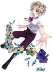  1boy belt black_pants black_shoes blonde_hair endou_minari full_body looking_at_viewer open_mouth outstretched_hand pants shirt shoes solo uchuujin_no_shiwaza_desu violet_eyes white_background white_shirt 