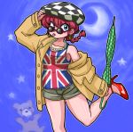  1girl :p bare_shoulders beret blue_eyes braid checkered checkered_hat coat cowboy_shot earrings genderswap glasses hat high_heels jewelry looking_at_viewer necklace one_eye_closed polka_dot ranma-chan ranma_1/2 redhead saotome_ranma shorts single_braid solo standing_on_one_leg sunglasses tank_top tongue tongue_out umbrella union_jack wantan-orz wink 