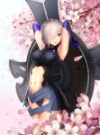  1girl armor armpits arms_up blurry breasts ccjn cherry_blossoms cowboy_shot depth_of_field elbow_gloves fate/grand_order fate_(series) faulds gloves gradient gradient_background hair_over_one_eye highres holding_shield leotard light_particles looking_at_viewer navel one_eye_covered petals pink_background pink_flower purple_hair shield shielder_(fate/grand_order) short_hair sleeveless solo stomach violet_eyes 