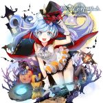  1girl :d ari0w0 bat black_boots black_cape black_hat blue_eyes blue_hair boots bow candy copyright_name cravat dress fangs full_body gloves hat hat_bow hat_removed headwear_removed jack-o&#039;-lantern long_hair looking_at_viewer open_mouth outdoors pointy_ears red_bow smile solo staff tenkuu_no_craft_fleet thigh-highs top_hat watermark white_dress white_gloves white_legwear 
