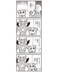  4koma :3 bkub comic cross demon greyscale highres monochrome pointing pointing_at_self poptepipic popuko school_uniform serafuku sidelocks simple_background translated two-tone_background two_side_up wings 