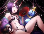  1girl alcohol breasts bu_li cherry_blossoms chestnut_mouth dripping fang fate/grand_order fate_(series) gourd hair_ornament horns looking_at_viewer makeup medium_breasts navel off_shoulder open_mouth petals pouring purple_hair sakazuki sake short_eyebrows short_hair shuten_douji_(fate/grand_order) sideboob sitting solo tongue tongue_out violet_eyes 