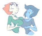  2girls alien blue_eyes blue_hair blue_skin blush breasts brokenlynx cleavage female huge_breasts lapis_lazuli_(steven_universe) multiple_girls pearl_(steven_universe) pink_hair steven_universe white_background white_skin 