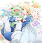  10s 1boy 2015 blonde_hair candy character_name cm10th dated earrings happy_birthday highres idolmaster idolmaster_side-m jewelry kaeru_(idolmaster) lollipop looking_at_viewer male_focus pantyhose pierre_(idolmaster) stuffed_animal stuffed_frog stuffed_toy swirl_lollipop white_legwear 