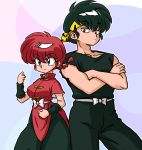  1boy 1girl blue_eyes braid chinese_clothes cowboy_shot folded_arms genderswap green_hair headband hibiki_ryouga ranma-chan ranma_1/2 redhead saotome_ranma single_braid tangzhuang wantan-orz 