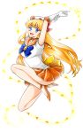  1girl :d aino_minako arms_up bishoujo_senshi_sailor_moon blonde_hair blue_bow blue_eyes bow brooch choker elbow_gloves full_body gloves hair_bow ike_(eun2ke) jewelry long_hair looking_at_viewer magical_girl open_mouth orange_shoes orange_skirt pleated_skirt red_bow sailor_collar sailor_venus shoes skirt smile solo tiara white_background white_gloves yellow_bow 