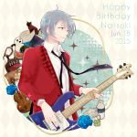  10s 1boy 2015 argyle argyle_background baseball_cap bass_guitar black_necktie blue_eyes blue_rose book cat cello character_name clover dated electric_guitar flower food four-leaf_clover fruit goggles guitar happy_birthday hat idolmaster idolmaster_side-m instrument male_focus music necktie patterned_background playing_instrument rose sakaki_natsuki silver_hair solo sparkle watermelon 