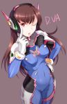  1girl ;p akanbe bodysuit breasts brown_background brown_hair character_name covered_navel d.va_(overwatch) gloves hand_on_hip highres long_hair looking_at_viewer medium_breasts one_eye_closed overwatch pink_eyes simple_background sm318 solo tongue tongue_out white_gloves 