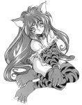  1girl animal_ears cat_ears claws elbow_gloves female full_body gloves hands_together long_hair lowres monochrome original simple_background smile solo thigh-highs tiger_print v_arms white_background yasunaga_oyama 