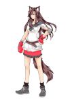  1girl absurdres animal_ears breasts brooch brown_hair collarbone dress elbow_gloves final_fantasy final_fantasy_vii fingerless_gloves full_body gloves hand_on_hip highres imaizumi_kagerou jewelry long_hair medium_breasts miniskirt red_eyes simple_background skirt solo tail tifa_lockhart tifa_lockhart_(cosplay) tk31 touhou transparent_background white_background wolf_ears wolf_tail 