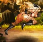  1girl amazon amazon_(dragon&#039;s_crown) animated animated_gif ass bikini blonde_hair boots bouncing_breasts breasts dragon&#039;s_crown feather female gloves hips large_breasts long_boots long_hair muscle outdoors running solo swimsuit swinging_breasts tattoo thick_thighs thighs vanillaware village wide_hips 