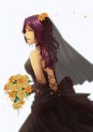  1girl artist_request back black_dress black_ribbon black_wedding_dress bleach bouquet breasts dark_skin dress elbow_gloves flower gloves hair_flower hair_ornament half-closed_eyes light_smile looking_at_viewer neckwear open_mouth orange_flower purple_hair ribbon shihouin_yoruichi sideboob solo veil wavy_hair wedding wedding_dress white_background wife yellow_eyes yellow_flower 