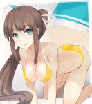  1girl all_fours ass bikini breasts brown_hair butt_crack cleavage elu green_eyes hair_ribbon highres long_hair original parted_lips ponytail smile solo swimsuit yellow_bikini 