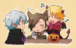  3boys =_= alternate_costume animal_ears blonde_hair blue_eyes blush_stickers brown_hair cape chibi closed_eyes demon_horns demon_tail facial_hair glasses goatee halloween hazama_michio horns idolmaster idolmaster_side-m jack-o&#039;-lantern maita_rui male_focus multiple_boys musical_note paws s.e.m silver_hair sweatdrop table tail tan_background tsukasa_(merrymore) wolf_ears yamashita_jirou 