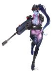  1girl artist_name bodysuit breast_squeeze breasts ffc full_body gloves gun head_mounted_display highres large_breasts lips long_hair looking_at_viewer overwatch ponytail purple_hair purple_skin rifle running signature simple_background sniper_rifle solo very_long_hair visor weapon white_background widowmaker_(overwatch) yellow_eyes 