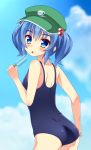  1girl ass back bare_shoulders blue_eyes blue_hair blue_sky blush clouds cloudy_sky eyebrows eyebrows_visible_through_hair food from_behind hair_bobbles hair_ornament hat houkiboshi ice_cream kawashiro_nitori looking_back one-piece_swimsuit popsicle school_swimsuit short_hair short_twintails sky solo swimsuit tongue tongue_out touhou twintails two_side_up 