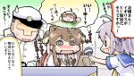  0_0 1boy 2girls :d @_@ admiral_(kantai_collection) aoba_(kantai_collection) brown_hair closed_eyes commentary_request detached_sleeves flying_sweatdrops hair_ornament hair_scrunchie hat herada_mitsuru high_ponytail kantai_collection kongou_(kantai_collection) long_hair long_sleeves microphone military military_uniform multiple_girls musical_note nontraditional_miko open_mouth peaked_cap ponytail quaver scrunchie short_hair short_sleeves smile sweat sweatdrop translation_request uniform wavy_mouth wide_sleeves 