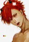  1boy blood collarbone eyelashes flower green_eyes hair_flower hairpin horns lips looking_at_viewer male_focus open_mouth original redhead renos scratches shirtless simple_background solo spiky_hair teeth tongue tongue_out upper_body white_background 