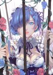  1girl absurdres arm_garter blood blue_eyes blue_flower blue_hair blue_rose blush bow breasts budinger cage cleavage detached_sleeves dripping eyelashes flower frills from_above hair_ornament hair_over_one_eye hair_ribbon hairband hairclip highres holding injury looking_at_viewer looking_up maid medium_breasts neck_ribbon one_eye_covered parted_lips pink_flower pink_rose plant purple_ribbon re:zero_kara_hajimeru_isekai_seikatsu red_lips rem_(re:zero) ribbon rose shade short_hair solo tears thorns upper_body vines white_background x_hair_ornament 