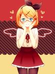  1girl blonde_hair glasses hands_on_own_face heart kagamine_rin looking_at_viewer nokuhashi short_hair skirt smile solo vocaloid 