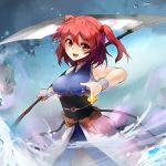  1girl :d bare_shoulders breasts clear_echoes coin hair_bobbles hair_ornament highres large_breasts looking_at_viewer obi onozuka_komachi open_mouth orange_eyes redhead sash scythe short_hair skull smile solo touhou twintails underbust 
