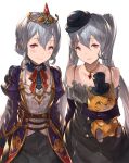  2girls bare_shoulders dress granblue_fantasy hair_up hanarito hat highres long_hair looking_at_viewer mini_hat multiple_girls open_mouth orchis red_eyes shingeki_no_bahamut silver_hair smile stuffed_animal stuffed_toy tiara twintails very_long_hair 