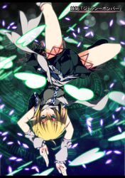  1girl arm_warmers blonde_hair danmaku dress green_eyes miniskirt mizuhashi_parsee robe sakurame scarf short_hair skirt solo touhou translation_request upside-down 