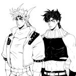  2boys caesar_anthonio_zeppeli cosplay costume_switch jojo_no_kimyou_na_bouken joseph_joestar_(young) midriff monochrome multiple_boys palette_swap scarf sujiko_(125motimoti) 