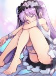  1girl armband armlet artist_request bangs bare_shoulders barefoot batatata77 black_ribbon bracelet dress euryale eyebrows eyebrows_visible_through_hair fate/grand_order fate/hollow_ataraxia fate_(series) feet flower hairband headdress jewelry legband lolita_hairband long_hair looking_at_viewer purple_hair ribbon ring solo twintails very_long_hair violet_eyes white_dress 