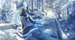  1boy armor blue_eyes blue_hair highres japanese_armor japanese_clothes kousetsu_samonji long_hair male_focus nature personification pippi_(pixiv_1922055) snow snow_bunny sode solo stairs torii touken_ranbu tree very_long_hair winter 