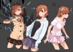  1girl alternate_costume brown_eyes brown_hair casual coat competition_school_swimsuit competition_swimsuit cowboy_shot electricity grey_background hair_ornament hairclip hood hoodie jacket misaka_mikoto multiple_persona one-piece_swimsuit one_eye_closed open_clothes open_shirt pink_skirt plaid plaid_skirt pleated_skirt rod_(rod4817) school_uniform shirt short_hair simple_background skirt swimsuit swimsuit_under_clothes to_aru_kagaku_no_railgun to_aru_majutsu_no_index 