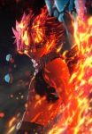  1boy abs asymmetrical_clothes cave epic fairy_tail fire flame gradient gradient_background lava looking_at_viewer male_focus natsu_dragneel on_fire pink_hair realistic scar solo standing veins wings 