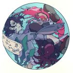  1boy algae asselin_bb_ii circle eyepatch fish holding holding_weapon idolmaster idolmaster_side-m knife lowres makino_bunny male_focus octopus parted_lips prawn red_eyes shell shrimp sitting solo_focus underwater wavy_hair weapon 