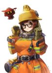  1girl alternate_costume breasts brown_eyes brown_hair chin_strap coat firefighter glasses gloves hair_ornament hairpin hat highres looking_at_viewer medium_breasts mei_(overwatch) overwatch rescue_mei short_hair simple_background smile solo uniform yumaomi 